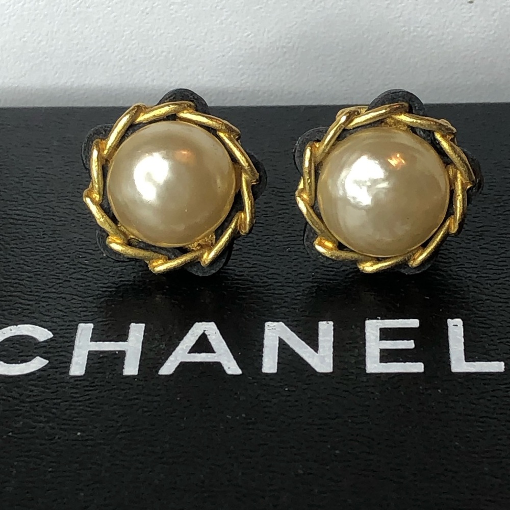 CHANEL Gold and Black Leather Wrapped Pearl Statement Earrings w/ Box